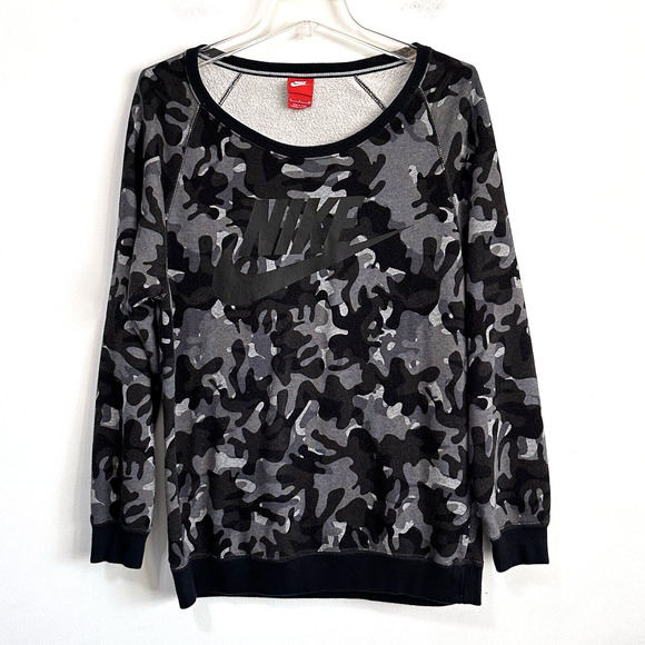 Nike Rally Womens Camo Sweatshirt S Gray Long Sleeve Relax Cozy Lounge Top Gym - Picture 1 of 12